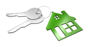 Keys with a green house logo